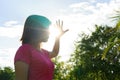 Asian woman in hot summer - heat stroke concept Royalty Free Stock Photo