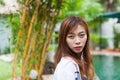 Asian Woman In Hotel Swimming Pool Relaxing Vacation Travel, Young Girl Enjoying Spa Royalty Free Stock Photo