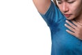 Asian woman with hyperhidrosis sweating under armpit, feel bad with body, odor smell problem, isolate on white background, with Royalty Free Stock Photo