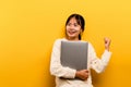 woman and laptop and are happy to work Photo of a beautiful Asian woman who is happy working at home. using a laptop Royalty Free Stock Photo