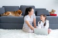 Asian woman and little girl enjoy together in living room by using laptop and sit on the floor while their shiba dog lie on sofa Royalty Free Stock Photo