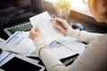 Woman calculating her Debt. Royalty Free Stock Photo