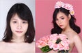 Asian Woman before after make up hair style. no retouch,