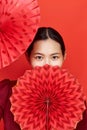 Asian woman with paper fans Royalty Free Stock Photo