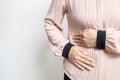 Asian woman patient with abdominal pain on right side belly,painful in abdomen,irritable bowel disease,lady girl holds under the Royalty Free Stock Photo