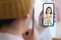 Asian woman patient make video call counseling doctor about healthcare by mobile phone, Telemedicine, Pharmacist Royalty Free Stock Photo