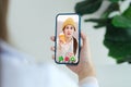 Asian woman patient make video call counseling doctor about healthcare by mobile phone, Telemedicine, Pharmacist Royalty Free Stock Photo