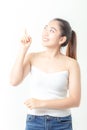 Asian women photograph beauty themes and their faces are pointing at the product. girl on white background