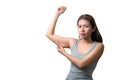 Asian woman pinching arm fat flabby skin isoloate on white background, with clipping path