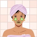 Asian woman in pink bathroom with beauty mask, illustration