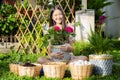 Asian woman plant a flower in her garden, this image can use for home