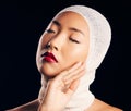 Asian woman, plastic surgery and bandage for skin, beauty and transformation with eyes closed by black background. Girl