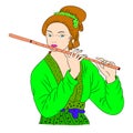 Asian woman is playing the flute . Oriental style painting. Hand drawing illustration with beautiful oriental woman. Vector isolat Royalty Free Stock Photo