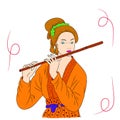 Asian woman is playing the flute . Oriental style painting. Hand drawing illustration with beautiful oriental woman. Vector isolat Royalty Free Stock Photo