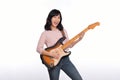 Asian woman playing a vintage sunburst electric guitar  on white background Royalty Free Stock Photo