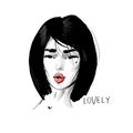 Asian woman portrait. Fashion illustration. Haircut BOB STRAIGHT. Red lips. Hand drawn vector art isolated on white. Can Royalty Free Stock Photo