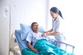 Asian woman professional doctor with notepad smiling, visiting, talking, and diagnosing the old man patient lying in bedd