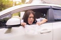 Asian woman puke or vomiting into plastic bag in car,Car Sick and motion sickness Royalty Free Stock Photo