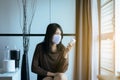 Asian woman reading medicine label and prescription medications,Health care and people concept