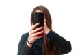 Asian woman record a video by her smarthphone and cover her mouth by her hand with excitement, isolate on white background