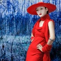 Asian woman in red dress