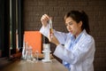 woman scientist check liquid substance in lab