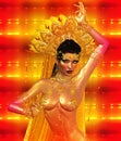 Asian woman with body, belly dancing. Beautiful face, cosmetics, diamonds and jewelry