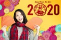 Asian woman showing red envelopes for chinese new year.chinese text happy new year Royalty Free Stock Photo