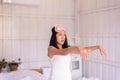 Asian woman sleepwalker with somnambulism sleep and walking in bedroom