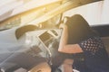 Asian woman sleepy tired and have a headache while driving car Royalty Free Stock Photo