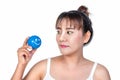 Asian woman with smiley face stress ball