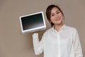Asian woman smiling single handle computer laptop for new thin and light weight laptop computer