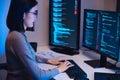 Asian woman software development working on coding computer screen and flowchart at night in modern office