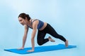 Asian woman in sportswear doing burpee on exercising mat. Vigorous Royalty Free Stock Photo