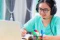 Asian woman student happy in class online learning Royalty Free Stock Photo