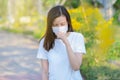 Asian woman suffer from cough with face mask protection Royalty Free Stock Photo