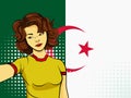 Asian woman taking selfie photo in front of national flag Algeria in pop art style illustration. Element of sport fan illustration Royalty Free Stock Photo