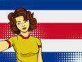 Asian woman taking selfie photo in front of national flag Costa Rica in pop art style illustration. Element of sport fan illustrat