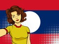 Asian woman taking selfie photo in front of national flag Laos in pop art style illustration. Element of sport fan illustration fo