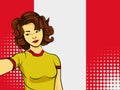 Asian woman taking selfie photo in front of national flag Peru in pop art style illustration. Element of sport fan illustration fo Royalty Free Stock Photo