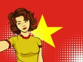 Asian woman taking selfie photo in front of national flag Vietnam in pop art style illustration. Element of sport fan illustration Royalty Free Stock Photo