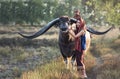 Asian woman (Thai) farmer with a buffalo