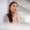 Asian woman, thinking and business with vision at office for career ambition, idea or choice. Female person or creative Royalty Free Stock Photo