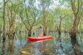 Asian woman, a tourist, paddling a boat, canoe or kayak with trees in Rayong Botanical Garden, Paper Bark Tropical Forest in Royalty Free Stock Photo