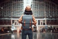 Asian woman tourist traveller backpack to train station. at Hua Lamphong Station Bangkok Thailand Royalty Free Stock Photo