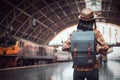 Asian woman tourist traveller backpack to train station. at Hua Lamphong Station Bangkok Thailand Royalty Free Stock Photo