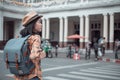 Asian woman tourist traveller backpack to train station. at Hua Lamphong Station Bangkok Thailand Royalty Free Stock Photo