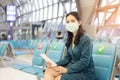 Asian woman tourist wearing face mask sitting on social distancing chair with luggage waiting for flight at airport terminal Royalty Free Stock Photo