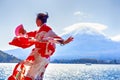 Asian Woman In Traditional Japanese Kimono And Fan Posing at Fuji Mountain at Kawaguchiko Lake in Japan