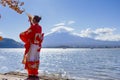 Asian Woman In Traditional Japanese Kimono And Fan Posing at Fuji Mountain at Kawaguchiko Lake in Japan Royalty Free Stock Photo